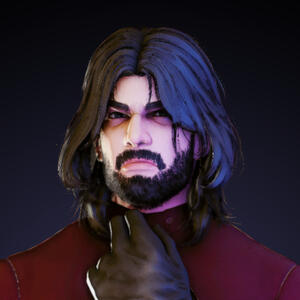 Circle image with a gray background. Character in foreground is a strong-featured male Highlander with shoulder-length black hair, a black beard and mustached, and an angry expression. His shirt is red and one hand is in frame, gloved, with fingers folded