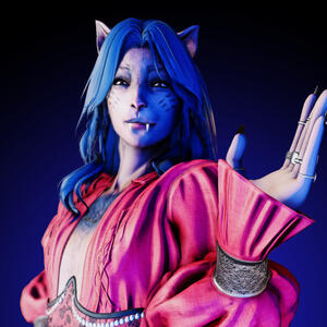 Circle image with a blue background. Character in foreground is an androgynous humanoid with cat like features including triangular ears, fangs, and a flat nose. The character is wearing a red, billowing shirt, many silver rings, and a corset around the wa